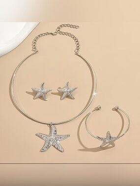 Silver Starfish Jewelry Set - Necklace, Earrings & Bracelet